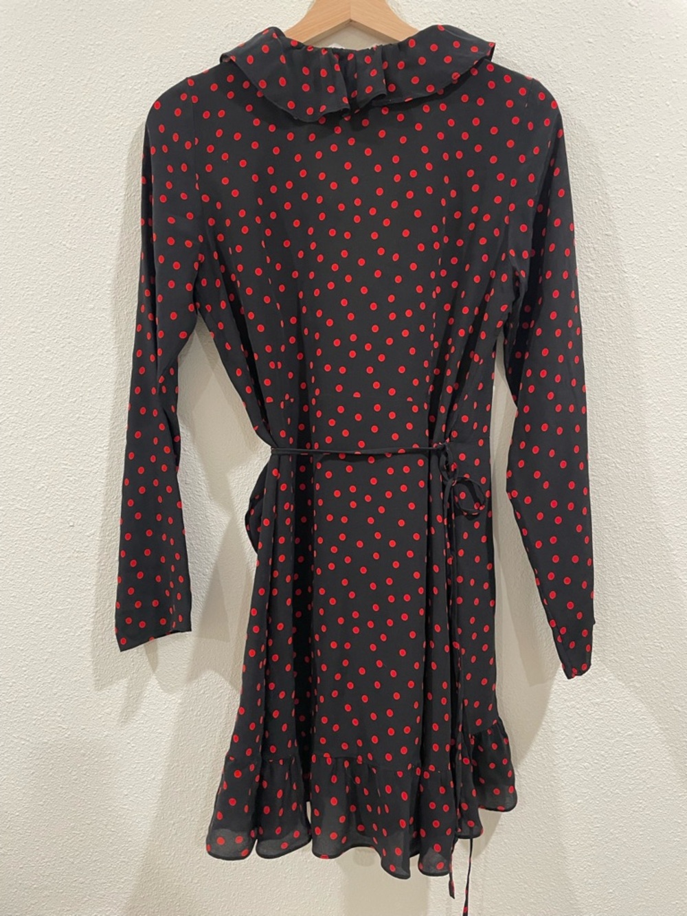 Realisation Par Alexandra Black Mini Wrap Dress Red Polka Dots Medium 100% Silk - Picture 12 of 14